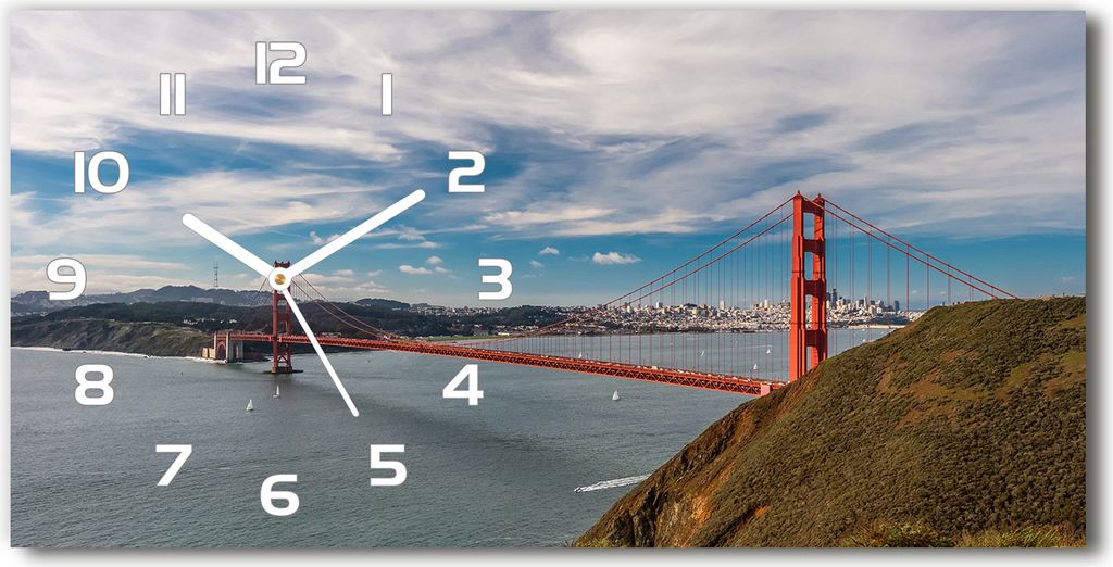 Wanduhr aus Glas – 60x30 cm - Glasbild - Glasuhr - Gehärtetes Glas - weisse-zeiger - San Francisco-Brücke