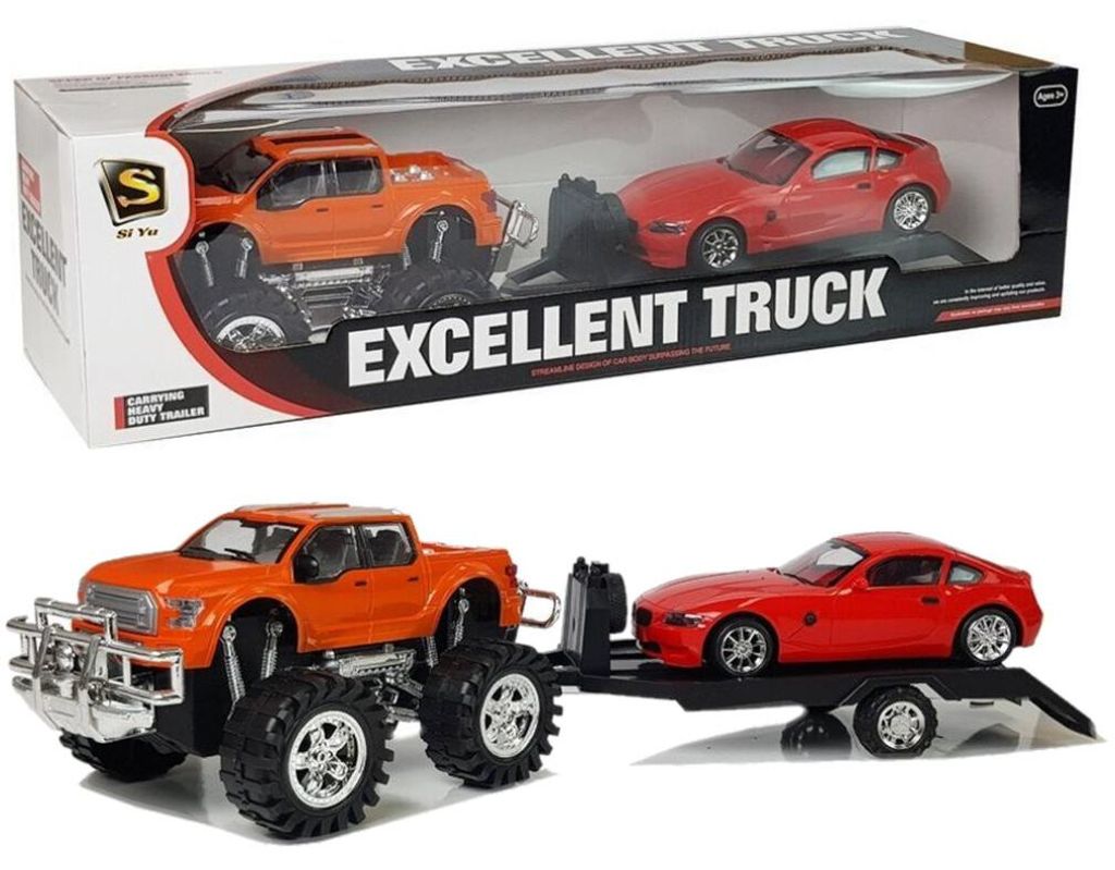 Lean Toys Fahrzeugset Orange Monster Truck Rot BMW Caravan 58 cm