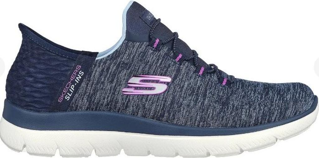 A side view of a navy blue Skechers slip-on sneaker with pink accents.