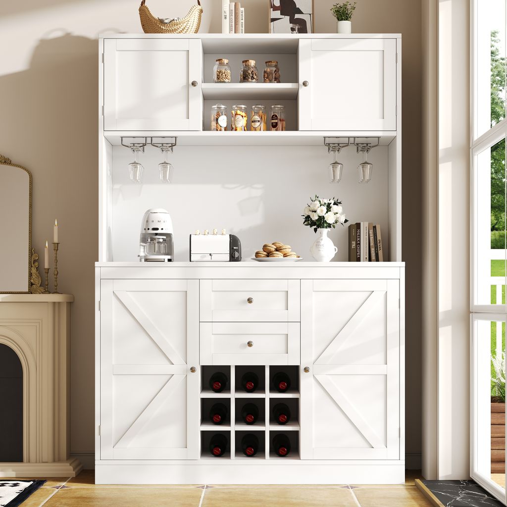 Flieks Hochschrank, 120x40x188cm, Küchenschrank mit verstellbaren Ablagen und Weinregal, Küchenbuffet mit 4 Türen, Highboard im Landhausstil, weiß