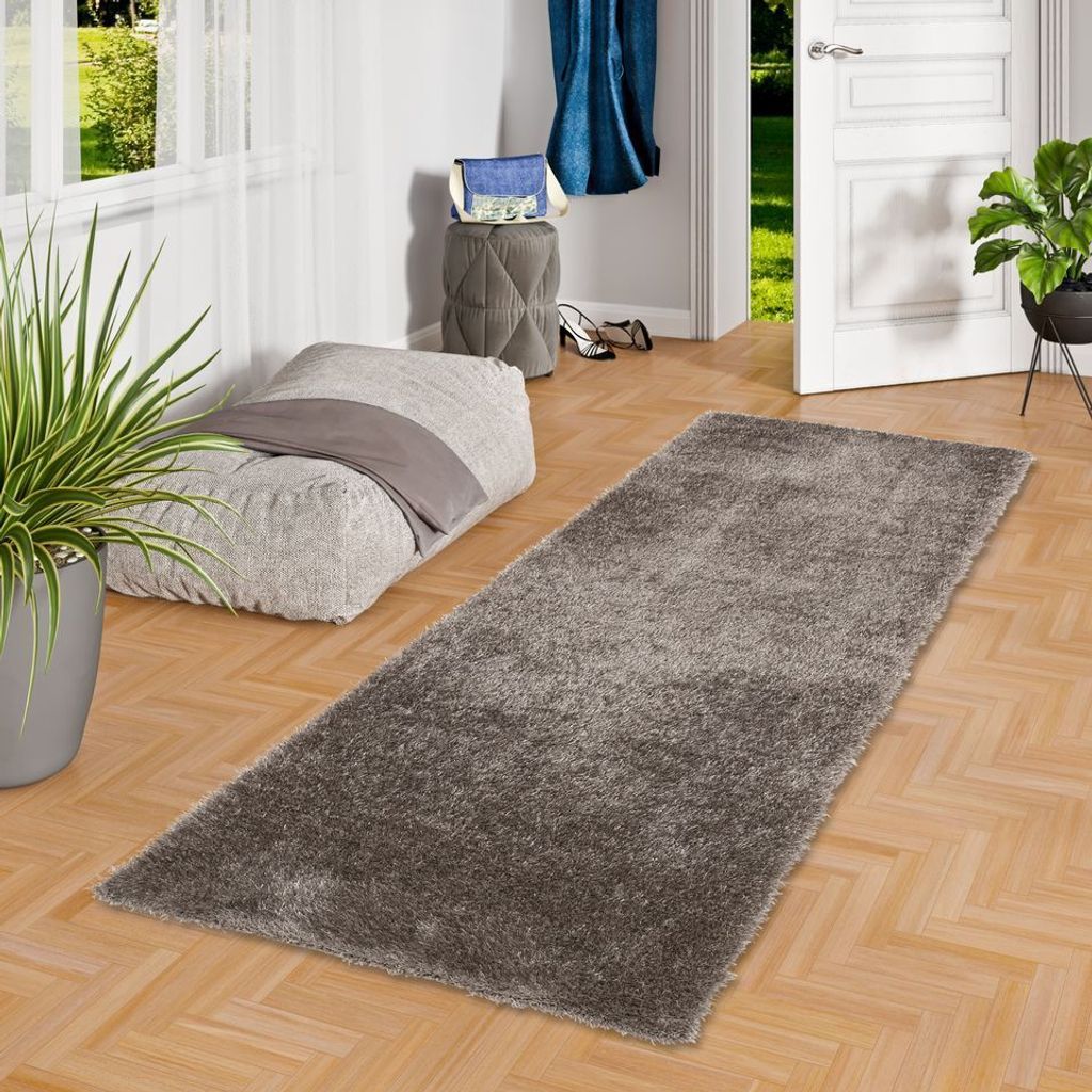 Luxus Hochflor Langflor Teppich Läufer Bilbao Grau, Größe:80x200 cm