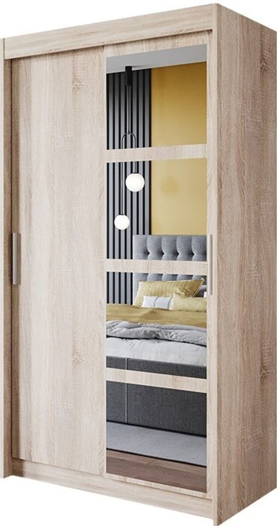 Easy4You R1 120 cm Sonoma Schiebetüren Kleiderschrank 120x216x60 cm mit Spiegel - Schlafzimmermöbel, Aufbewahrung - Mehrzweckschrank