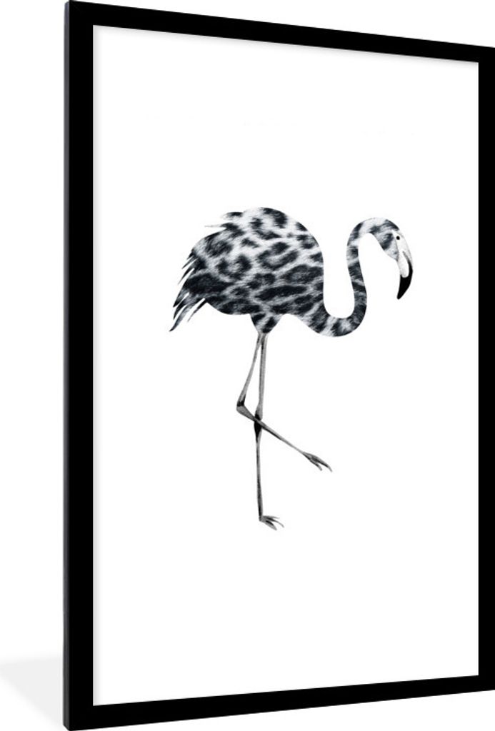 MuchoWow MuchoWow Gerahmtes Poster Flamingo - Schwarz und weiß - Pantherdruck 60x90 cm - Poster mit zchwarzem Bilderrahmen - Dekoration - Wand...
