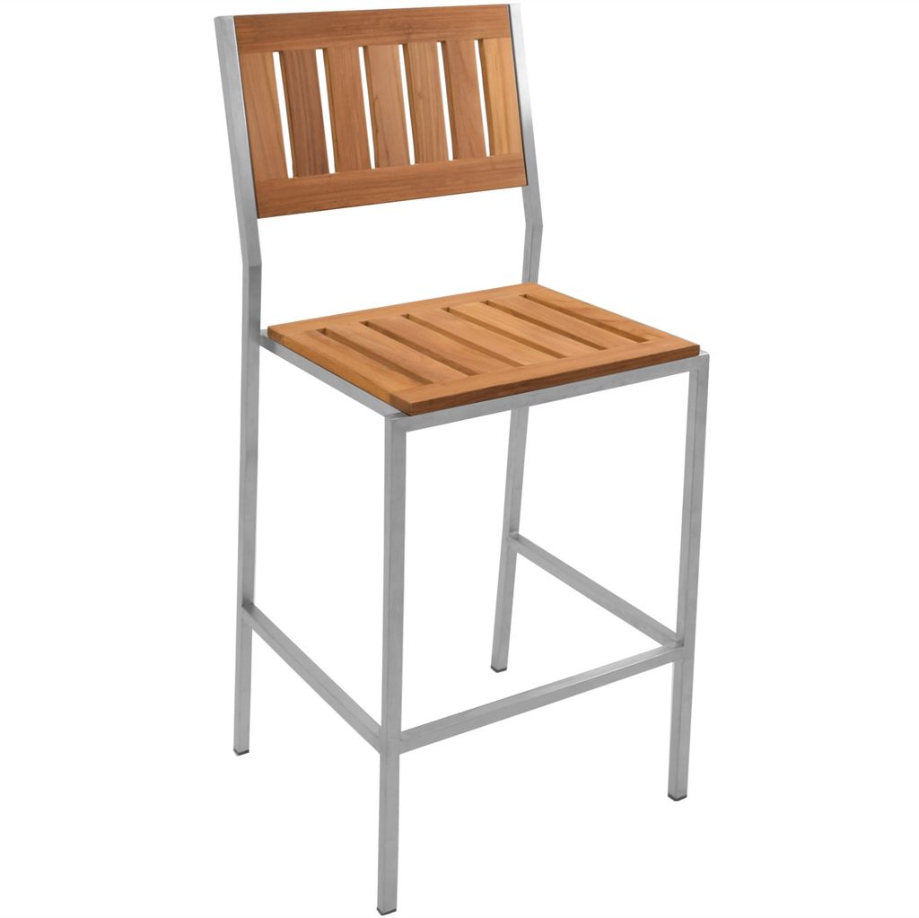 Teako Design Stapelbarer Barhocker Teakholz & Edelstahl | Massivholz wetterfest, modern, für Outdoor & Indoor | 110 cm Höhe, stapelbar & pflegele...