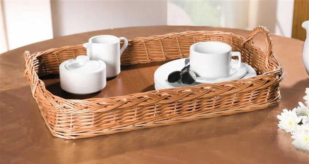 Plateau de service en osier tressé main 50x35 cm, style campagne chic