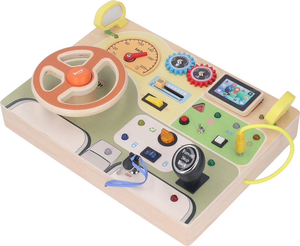 Holz-Lenkrad-Spielzeug, frühpädagogische Stimulation, LED-Holz-Sensorik-Aktivitätsbrett