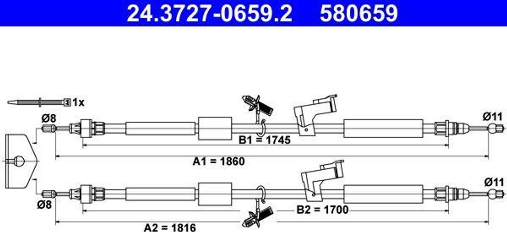 ATE 24.3727-0659.2 Seilzug, Handbremse OE 1319486 kompatibel mit C-Max, Focus
