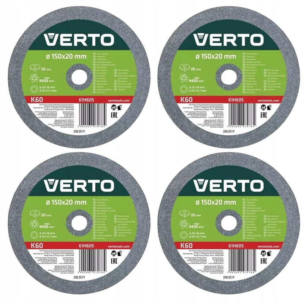 VERTO Schleifscheiben 150 x 20/16/12.7 Dick: 20 mm - 4 Stück, inkl. Untersetzungen, passend für verschiedene Schleifmaschinen, Körnung K60, 4 Sc...