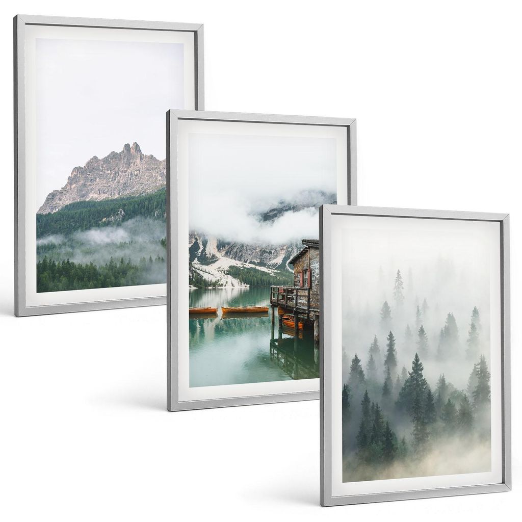 Bilder Set 3-teilig im silbergerahmten Rahmen – Wandbilder 3 Stück – gerahmte Poster für Wohnzimmer, Schlafzimmer und Flur – 40x60 cm – B...