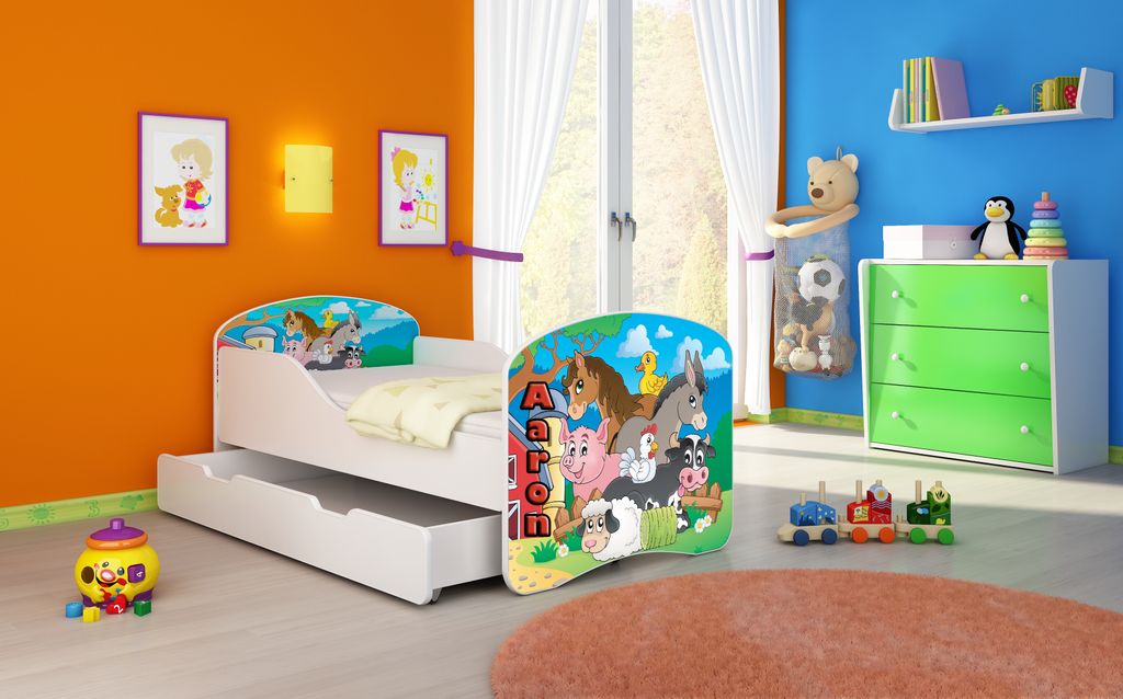 ACMA I Jugendbett Kinderbett Junior-Bett Komplett-Set mit Matratze Lattenrost Weiß 34 Farm 140x70 + Bettkasten