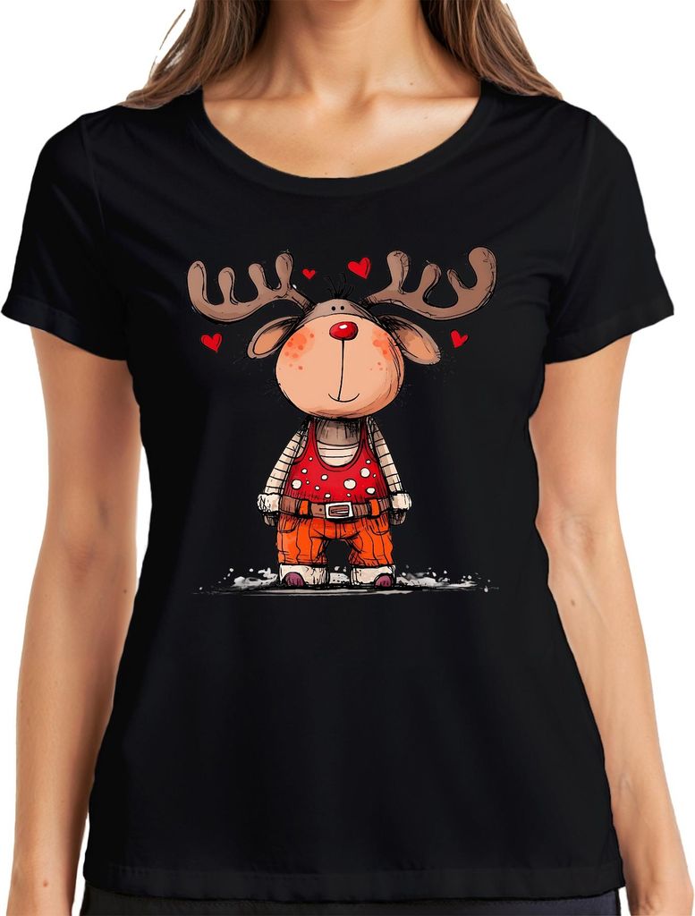 Niedliches Rentier rote Nase Herzen Weihnachten Geschenk Cartoon Damen T-Shirt, Schwarz, S