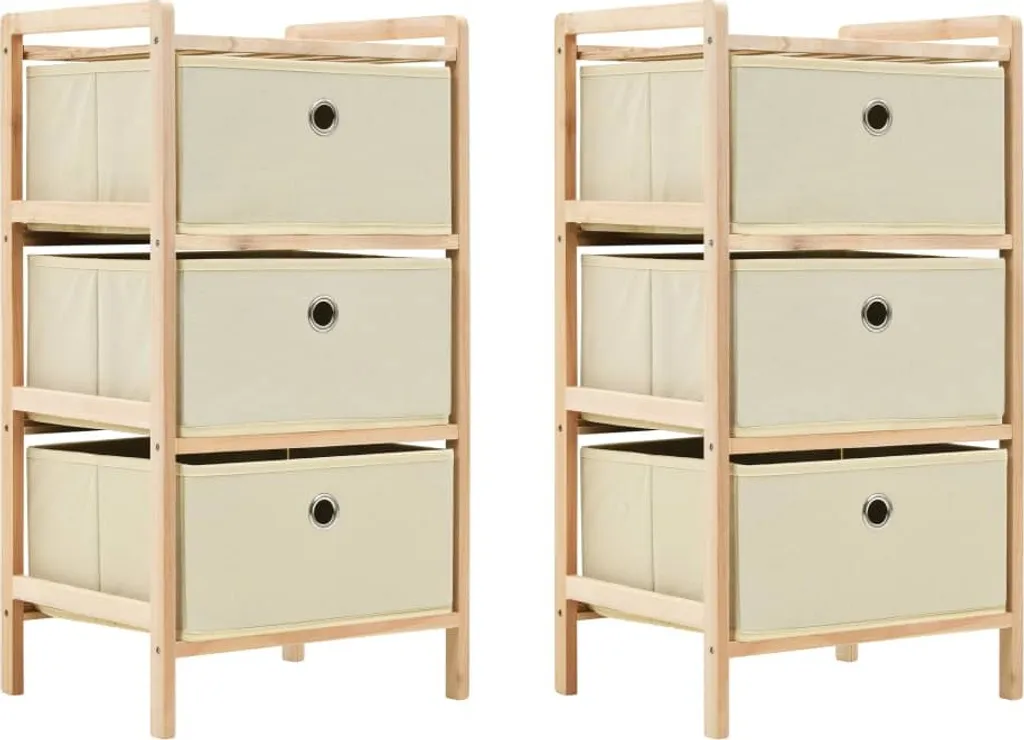 Meuble de rangement vertical en bois beige et bacs en tissu x2