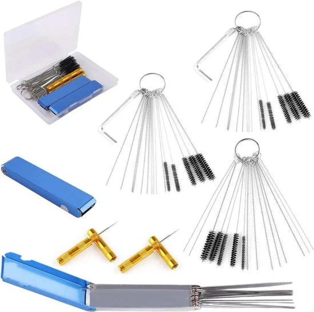 Nettoyant carburateur et buses : kit 15 brosses et 30 aiguilles de curage