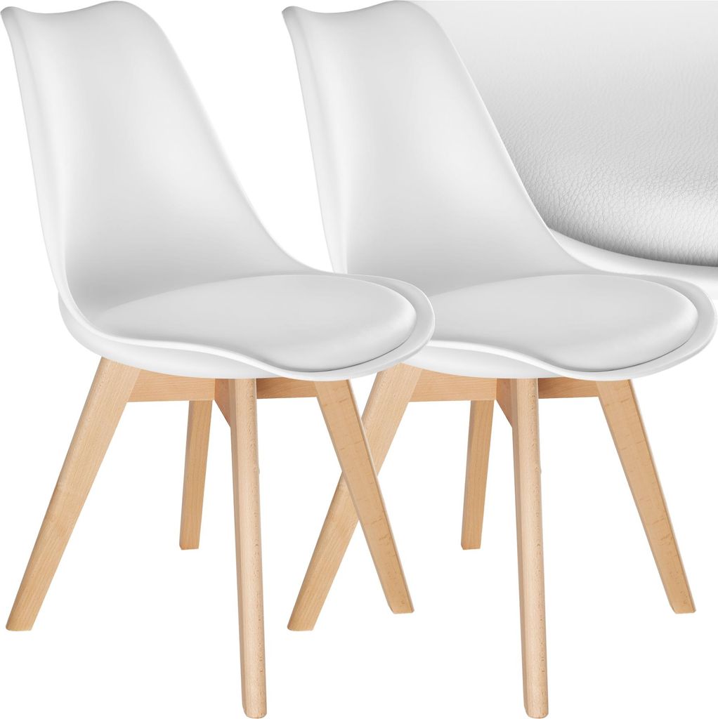 Two white chairs with wooden legs are shown against a white background.