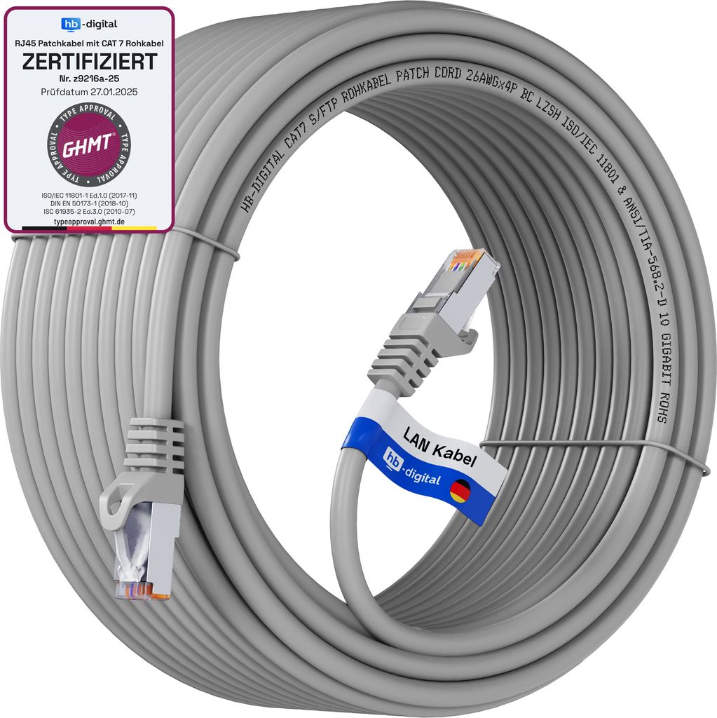 hb-digital 20m Netzwerkkabel CAT 7 Rohkabel LAN Kabel RJ45 S/FTP PiMF LSZH AWG 26 halogenfrei grau