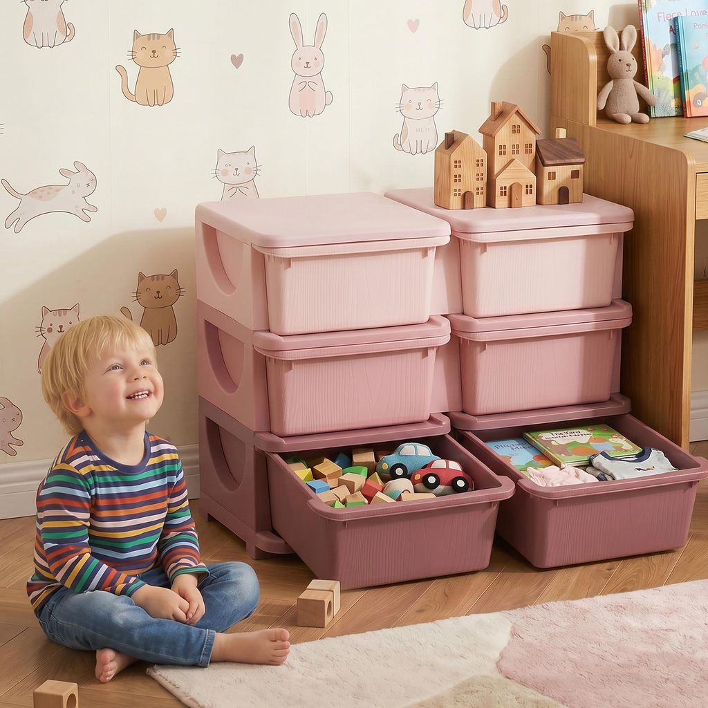 Kinder Aufbewahrungsbox mit Sitzfläche, 3 Schubladen, Kinderzimmer Organizer, Kunststoff, Rosa | 75 x 37 x 56,5 cm | bis 10 kg | abgerundete Kanten