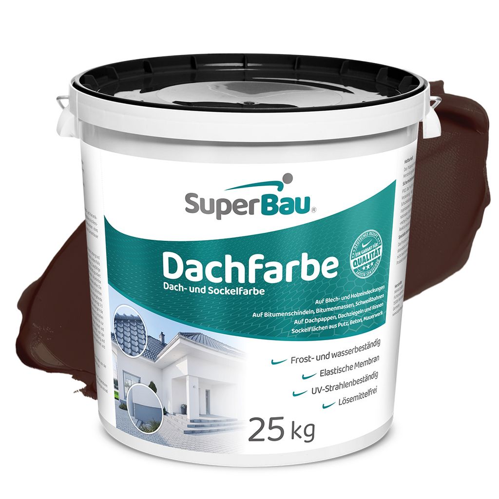 Superbau Dachfarbe Braun 25kg, Sockelfarbe WASSERDICHT, Fassadenfarbe für Außen, Dachbeschichtung für Blechdach, Bitumen, Dachpappe, Schindeln, ...