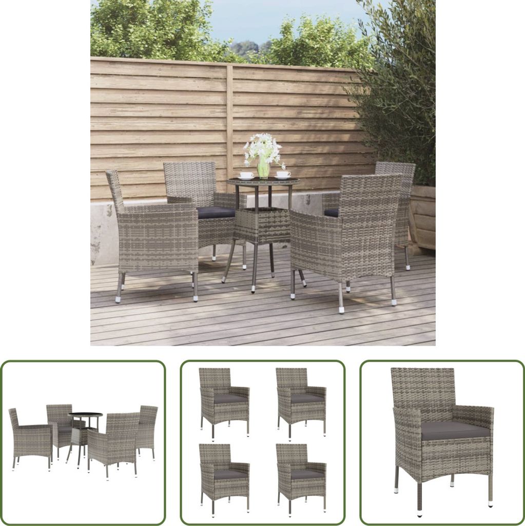 The Living Store 5-tlg. Garten-Bistro-Set mit Kissen Grau Poly Rattan