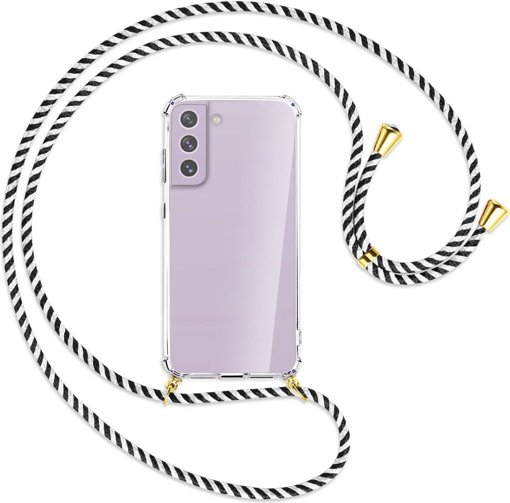 Handykette Backcover-Schutzhülle mit Band (Metall goldfarben) für Samsung Galaxy S21 FE - schwarz/weiß gestreift