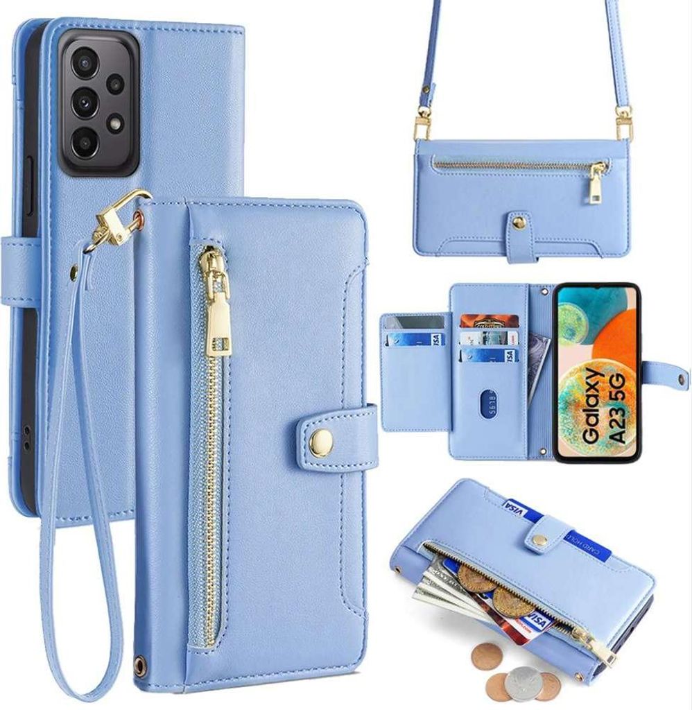 Handykette Samsung Hülle mit Band Handyhülle Kartenfächer Kunstleder Umhängetasche Galaxy A23 Hellblau
