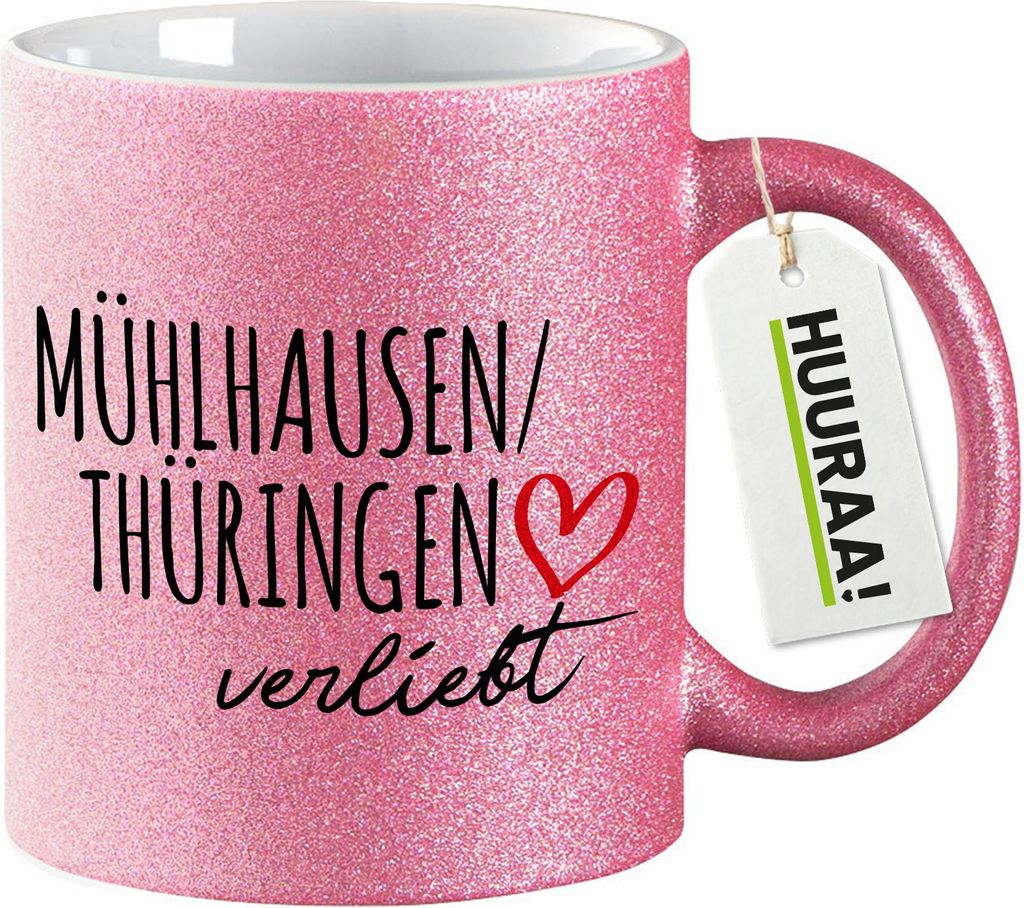 Huuraa Glitzertasse Mühlhausen/Thüringen verliebt 330ml Pink Keramik Kaffeebecher Geschenkidee
