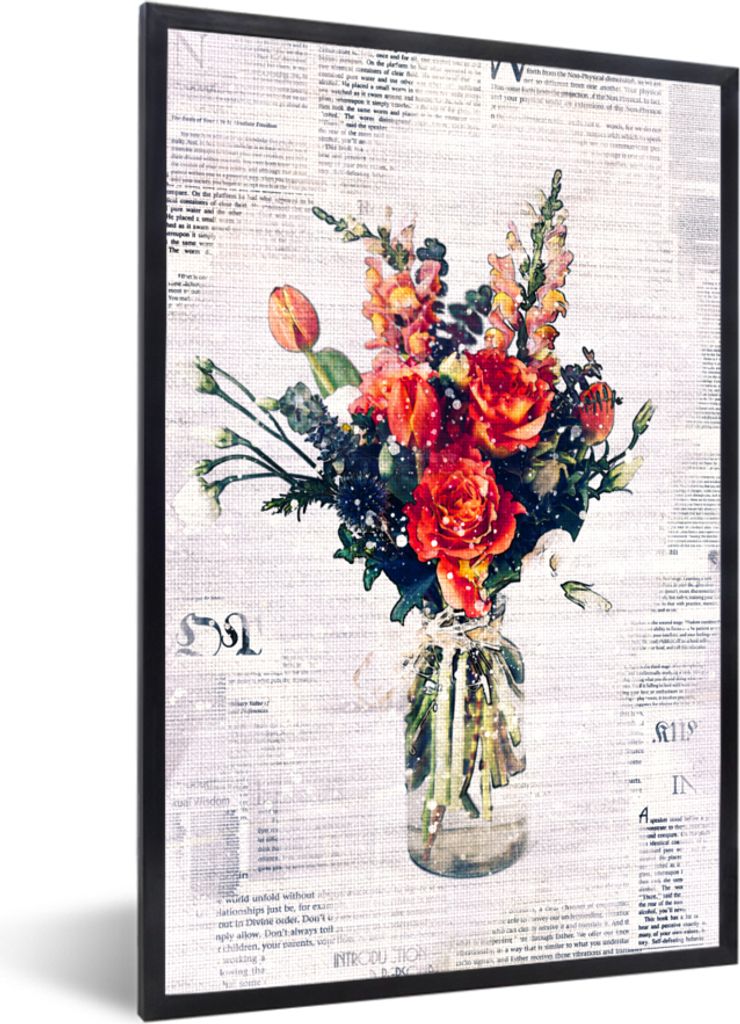 MuchoWow MuchoWow Gerahmtes Poster Blumen - Zeitungen - Farben 60x90 cm - Poster mit zchwarzem Bilderrahmen - Kunst