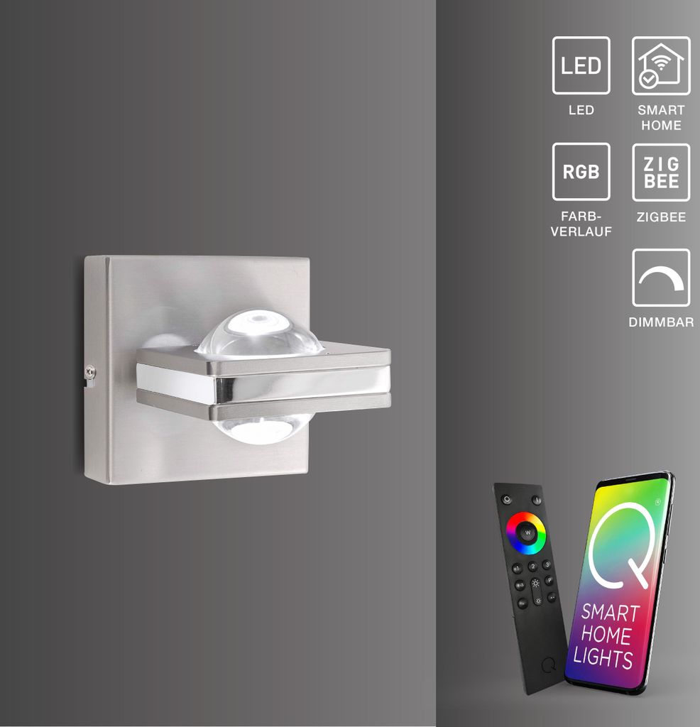 Paul Neuhaus LED Wandlampe Q-FISHEYE Smart Home drehbarer Spot, dimmbar, Fernbedienung Farbwechsel silber Wohnzimmer, Schlafzimmer, Flur 9115-55
