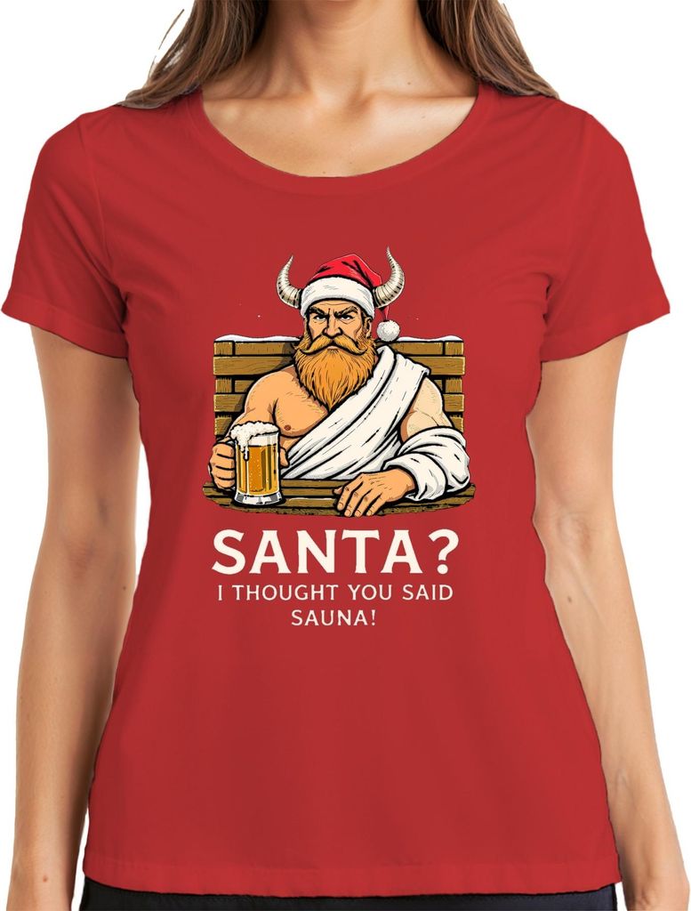 SANTA I THOUGHT YOU SAID SAUNA Wikinger Bier Bart lustig Damen T-Shirt, Rot, XXL