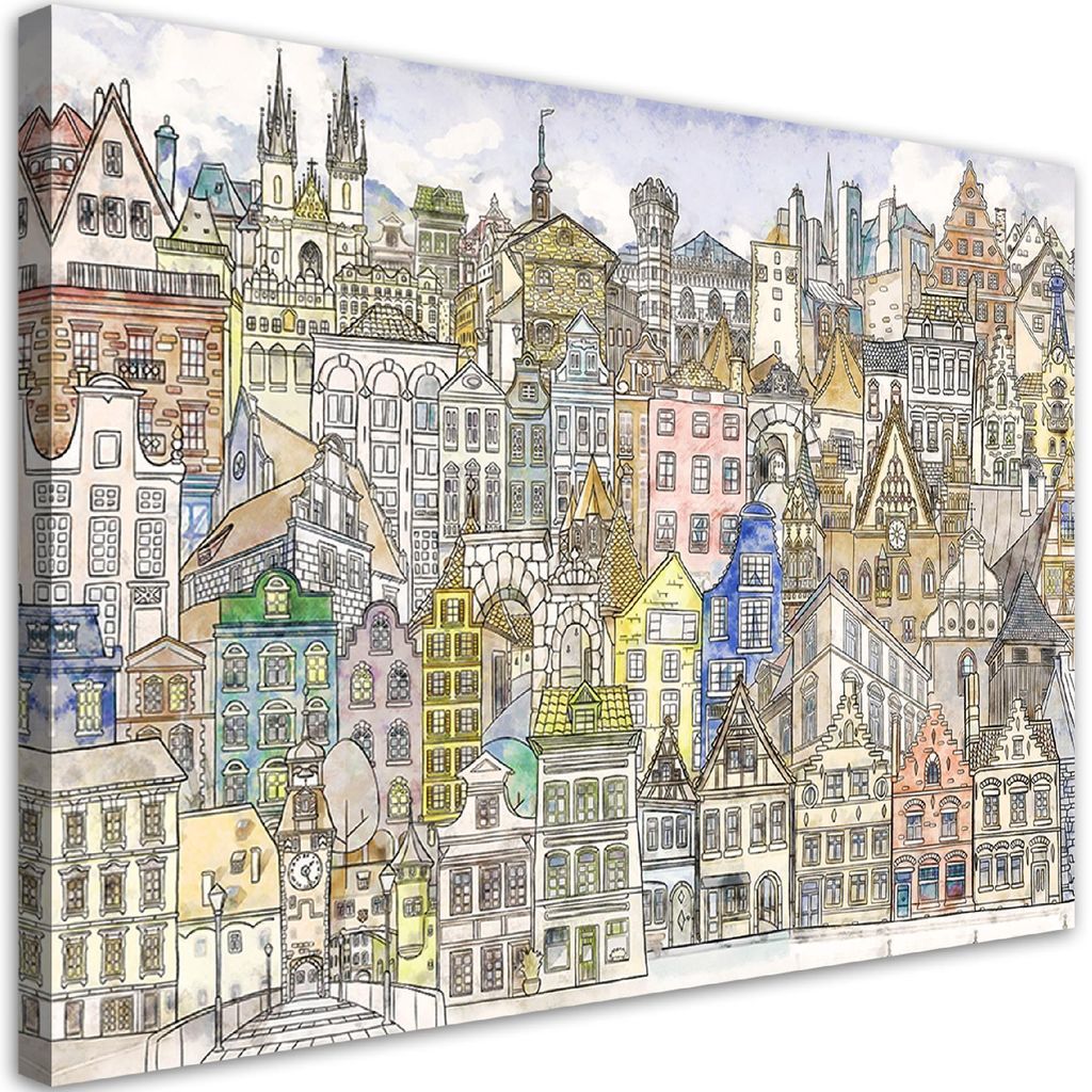 Leinwandbild fröhliche stadt 100x70 cm Feeby farbe wandbild bereit zum aufhängen