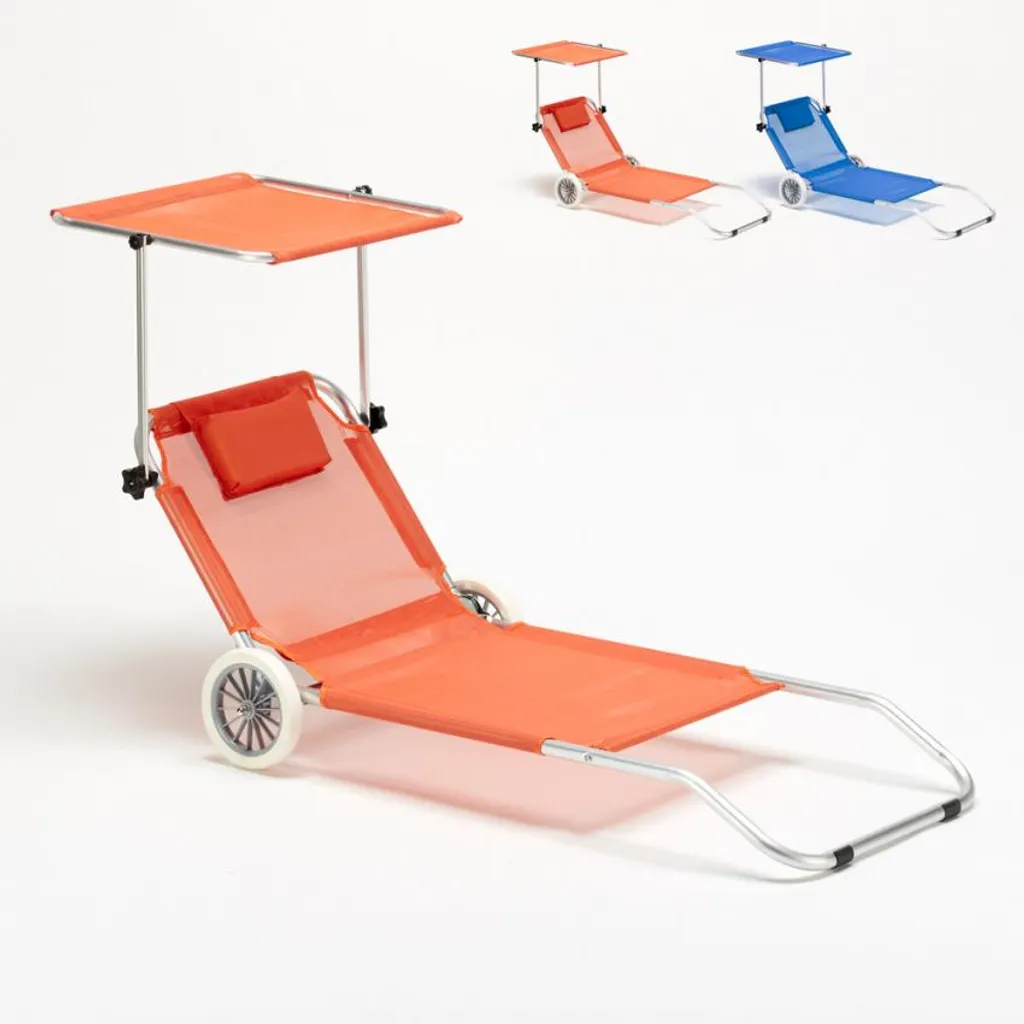 Chaise longue de plage pliable avec roulettes et pare-soleil Orange