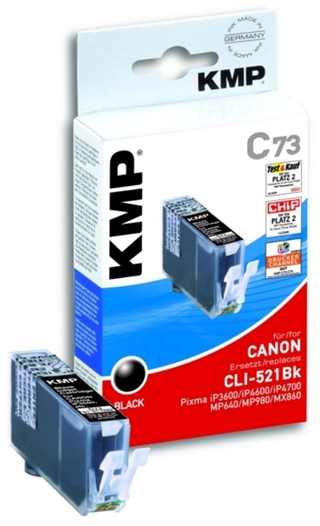 KMP 1509,0001|C73 Tintenpatrone ersetzt Canon CLI-521Bk schwarz (mit Chip); Inhalt 9 ml; für Pixma IP 3600, IP 4600, IP 4700, MP 540, MP 550, MP 5...