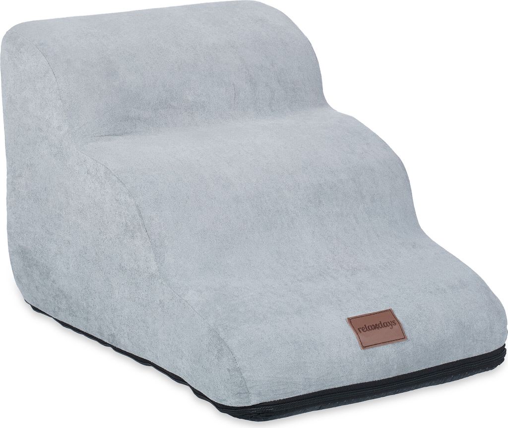 A light gray, three-step pet stair is shown against a white background.