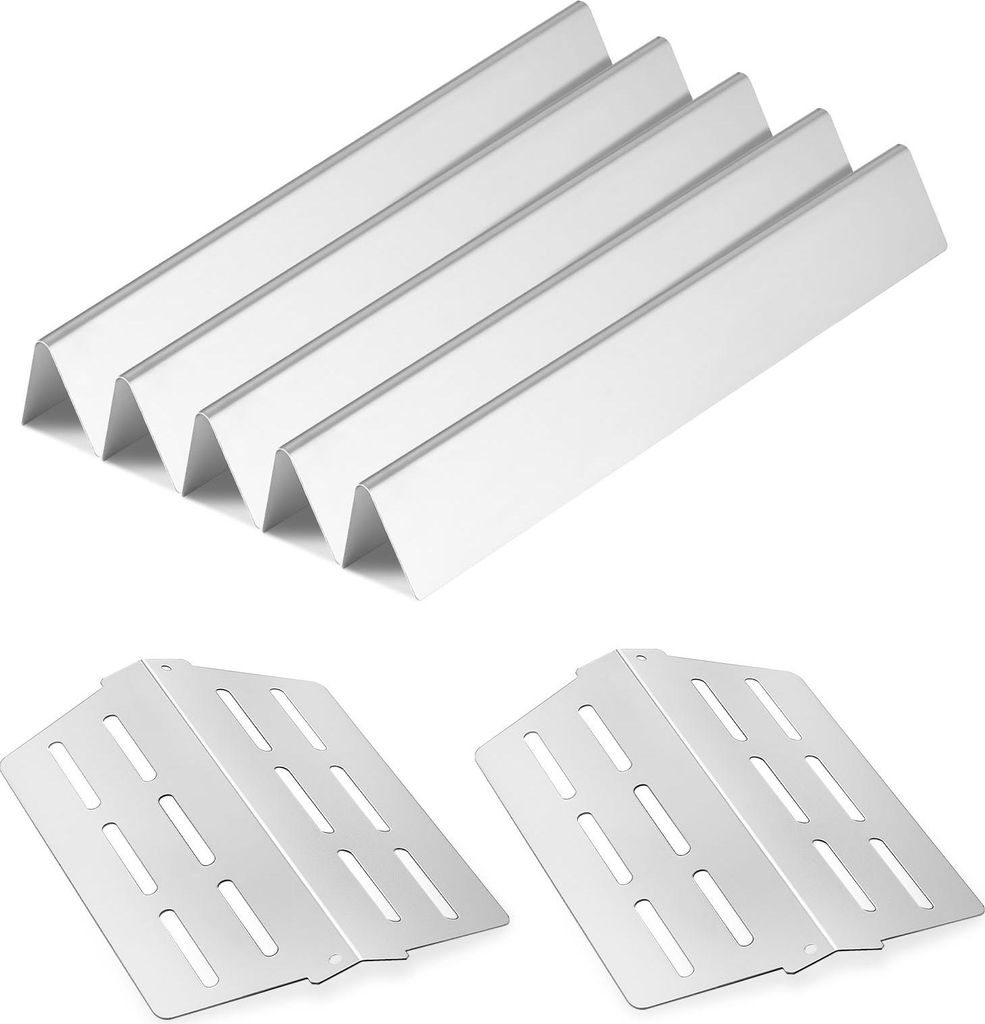 A set of metal grill accessories, including five V-shaped flavorizer bars and two flat heat plates with slots.