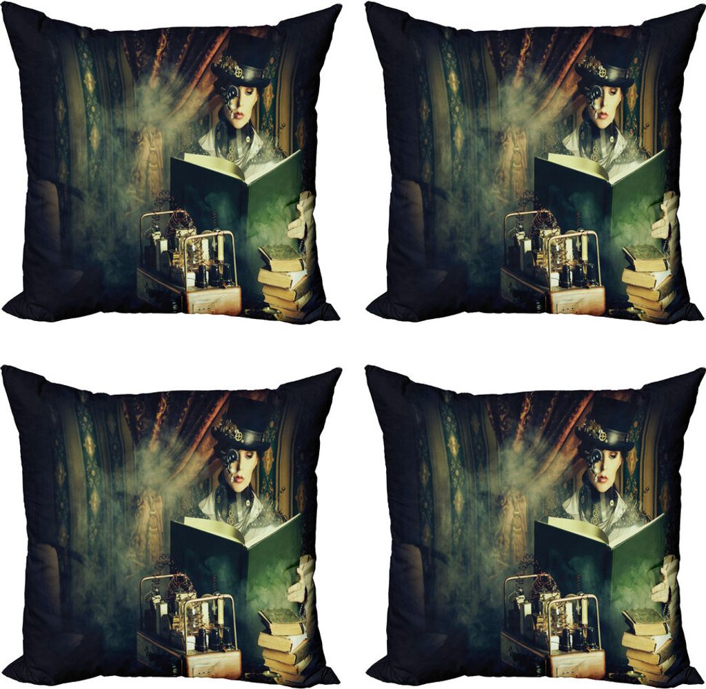 ABAKUHAUS Steampunk Kissenbezug Set (4 Stück), Subculture-Kunst-Frauen, Moderner Doppelseitiger Digitaldruck, 45 cm x 45 cm, Mehrfarbig