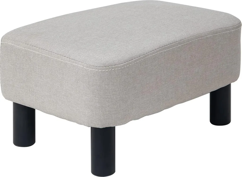 Petit Tabouret de Pied Rectangulaire en Lin Beige avec Pieds en Bois