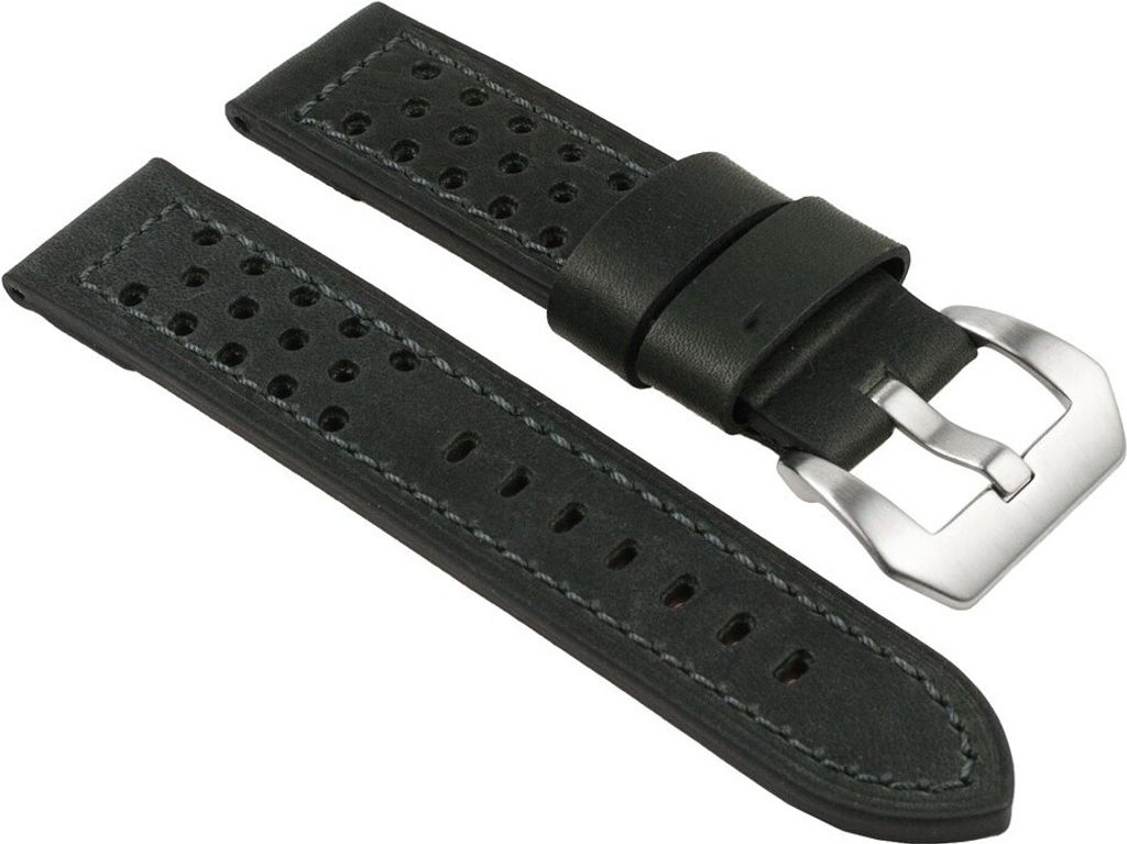 Ersatzband Uhrenarmband Leder Band, schwarz, gelocht, atmungsaktiv 25790S, Stegbreite:24mm