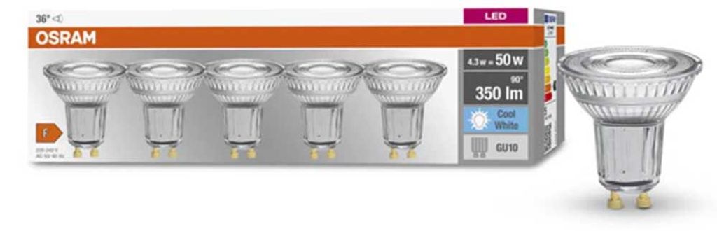 5 x Osram LED PAR16 Reflektor 4,3W = 50W GU10 350lm 840 Produktbild 