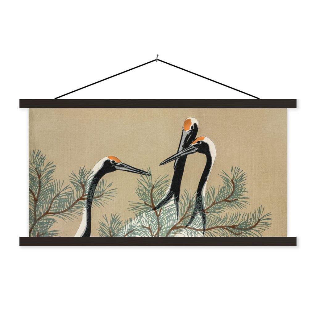 MuchoWow Textilposter Kranich - Äste - Blätter - Japanisch 120x60 cm mit schwarzem Rahmen - Dekoration Schlafzimmer