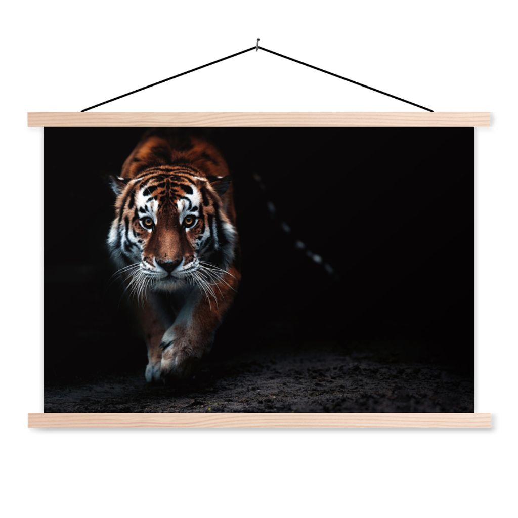 MuchoWow Textilposter Tiere - Tiger - Schwarz - Wild - Porträt 60x40 cm mit holzfarbenen Rahmen - Bilder
