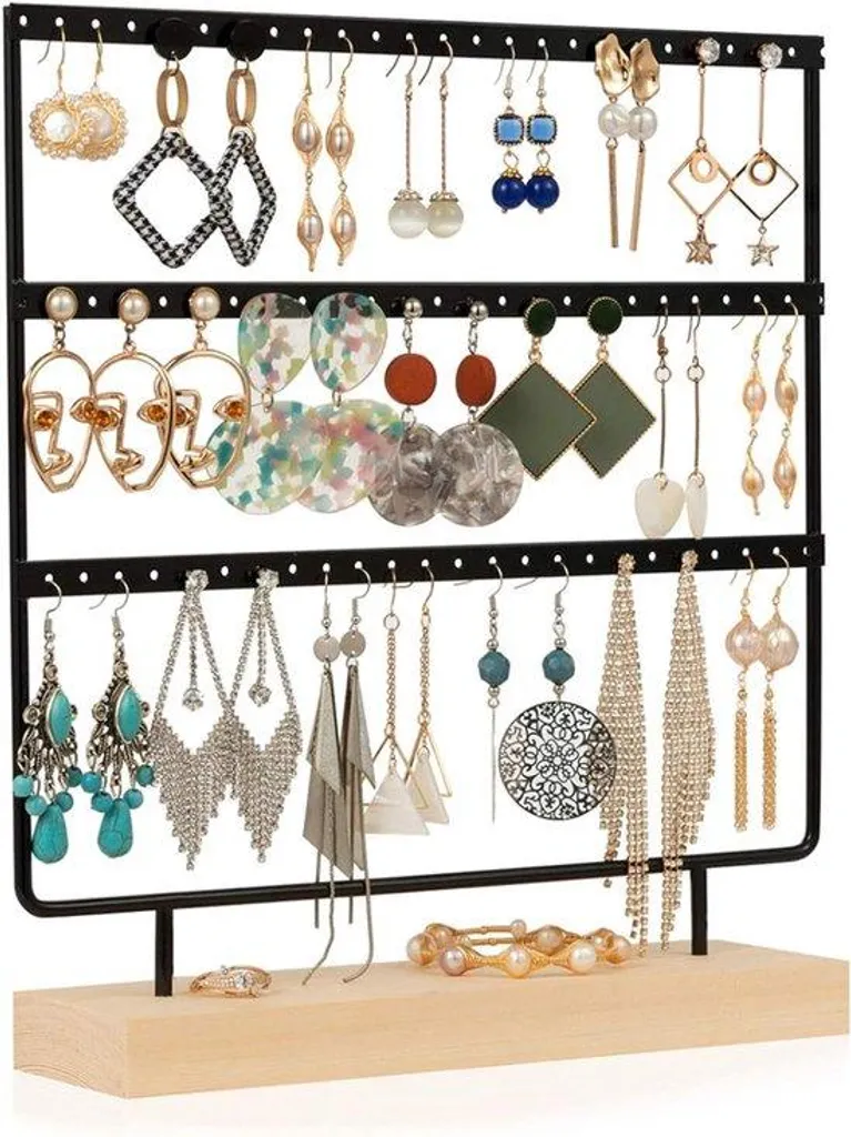 Présentoir de boucles d'oreilles 69 trous avec tiroir en bois noir