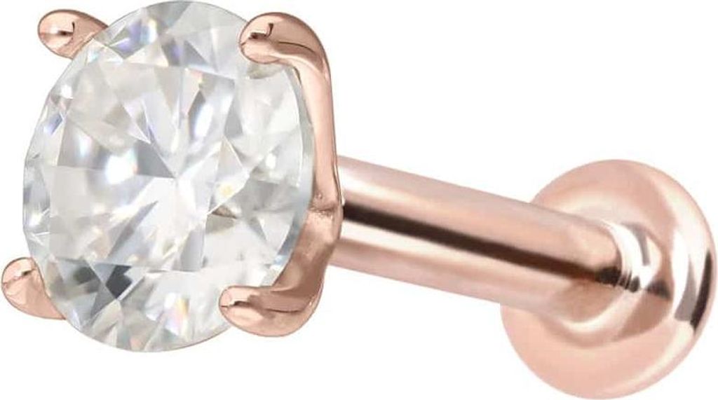 Ohrpiercing, Nasenpiercing 14 Karat Gold Labret mit Push Fit MOISSANIT RoséGold Stablänge: 5mm | Stabstärke: 1,2mm | Kristallgröße: 4mm