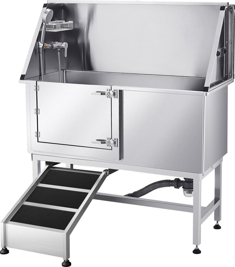 127 cm Hundebadewanne aus Edelstahl mit Rampe und Wasserfilter links