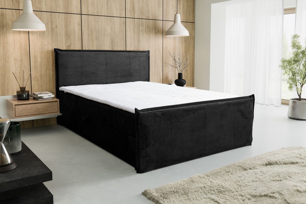 VENASI VANESSA Boxspringbett 160x200 mit 2 Bettkasten H2/H3 Matratze SCHWARZ CORD Lincoln 100