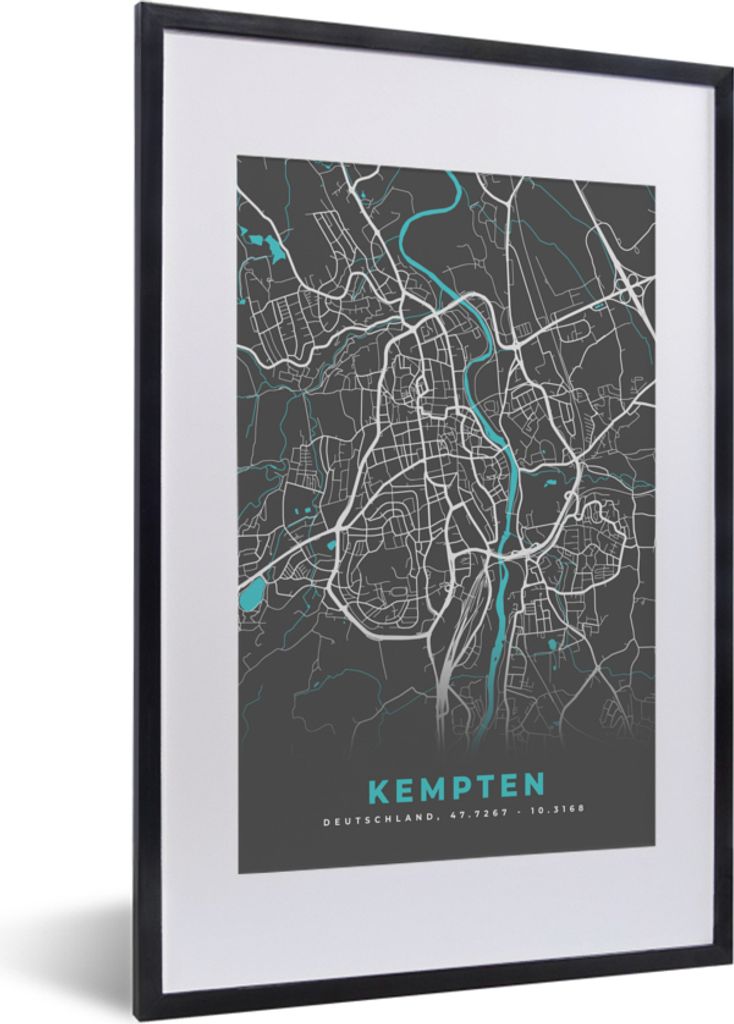MuchoWow Gerahmtes Poster Kempten - Stadtplan - Blau - Karte - Deutschland 40x60 cm - Poster mit Schwarzem Bilderrahmen Wandposter Rahmen Foto Bi...