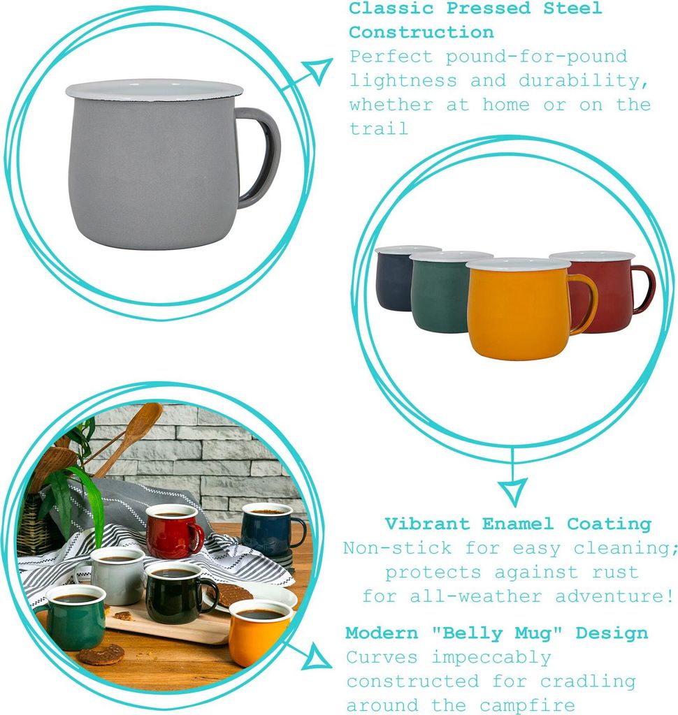 Argon Ta Bauch Tassen Farbige Emaille - Stahl Outdoor-Camping-Tee-Kaffeetasse - 375ml - Gelb - Packung mit 12