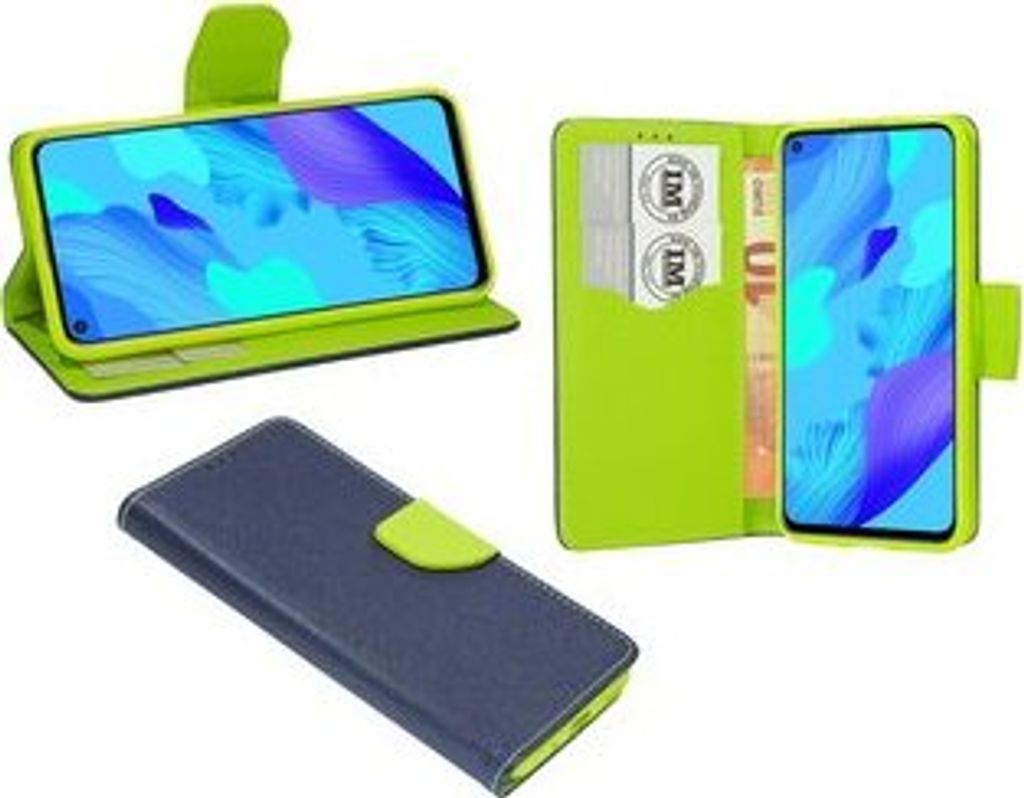cofi1453 Buch Tasche "Fancy" kompatibel mit Huawei Nova 5T Handy Hülle Etui Brieftasche Schutzhülle mit Standfunktion, Kartenfach Blau-Grün