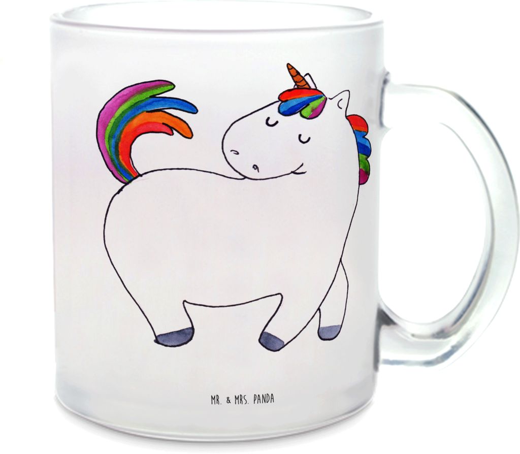 Mr. & Mrs. Panda Trinkglas Einhorn Stolzieren - Transparent - Geschenk, Einhörner, Unicorn, Tee Tasse, Reiten, Häferl, Pott, Pferd, Henkelbecher,...