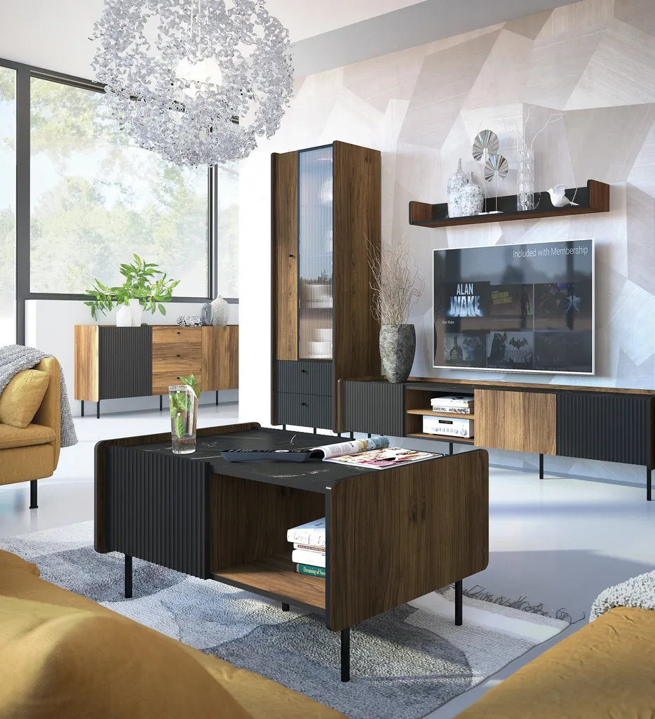 Table Basse Robuste PERETO 11 Noyer et Noir Mat pour Salon Moderne