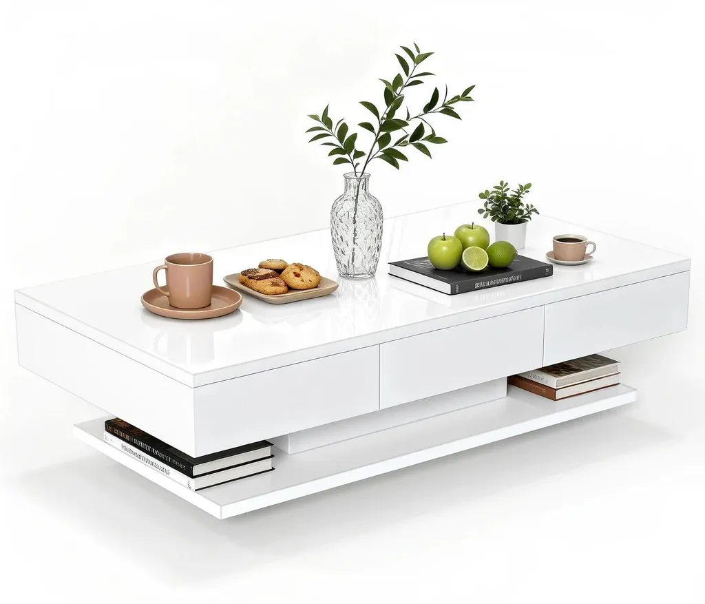Table basse de salon pour rangement séjour - Table rectangulaire blanche