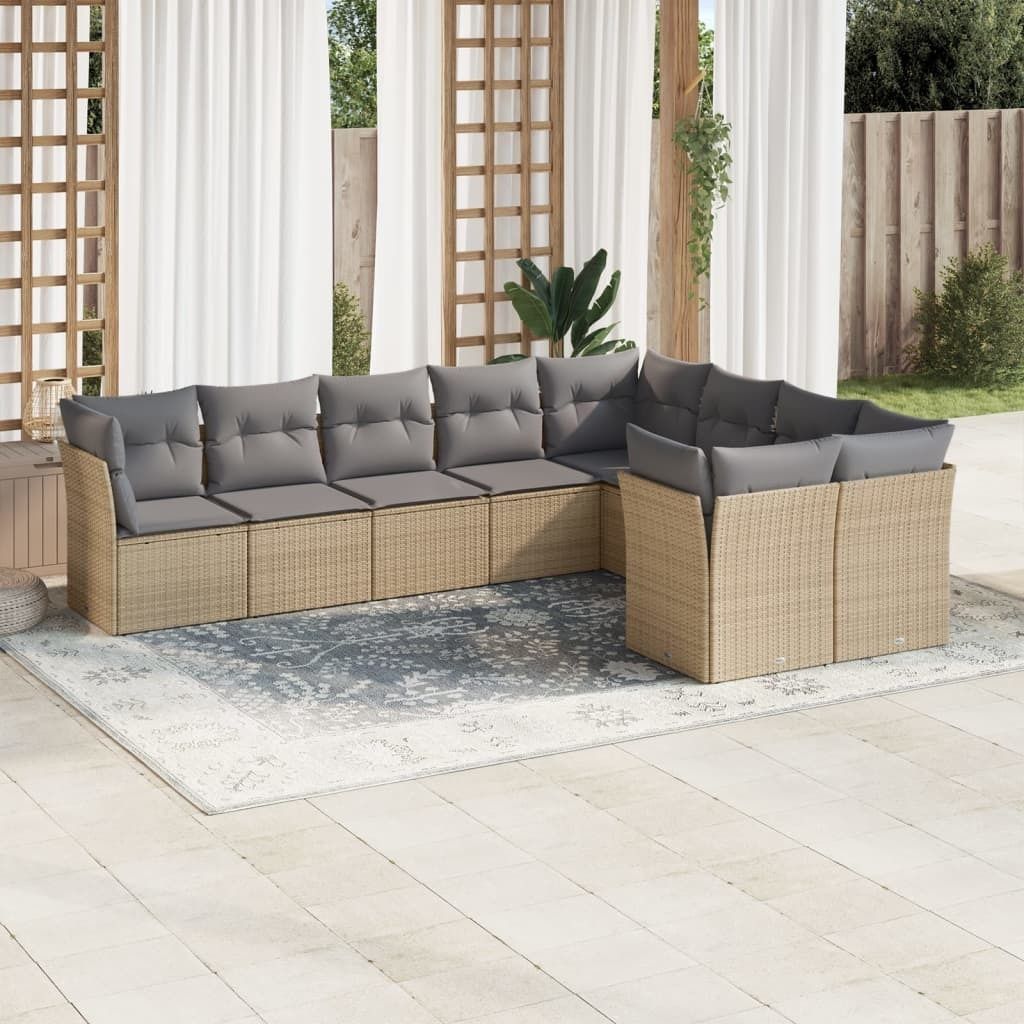 Design 9-tlg. Garten-Sofagarnitur mit Kissen Beige Poly Rattan, Gartenmöbel-Sets 2024 Neu
